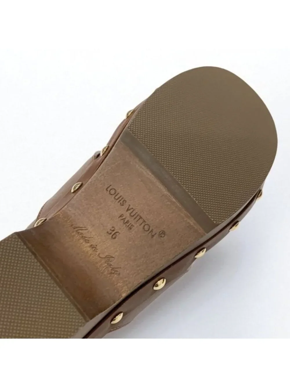 Louis Vuitton Cottage Line Sandals Shoes Leather Brown Gold Logo Studs Sabot - Picture 8 of 10